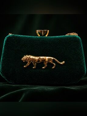 Sabyasachi Inspired Emerald Green Velvet Clutch with Gold Tiger Motif